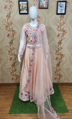 Peach Lehenga Choli With Organza Dupatta-1544