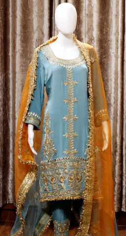 Blueish Greay Full Suit With Organza Dupatta-1466