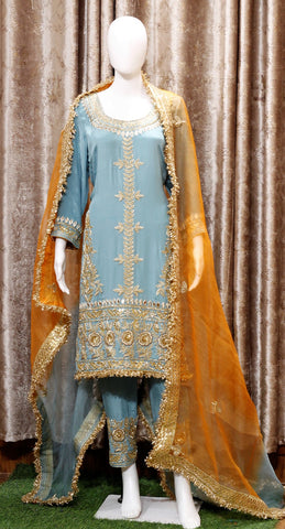 Blueish Greay Full Suit With Organza Dupatta-1466