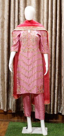 Pink Full Suit With Gajari Red Organza Dupatta-1520