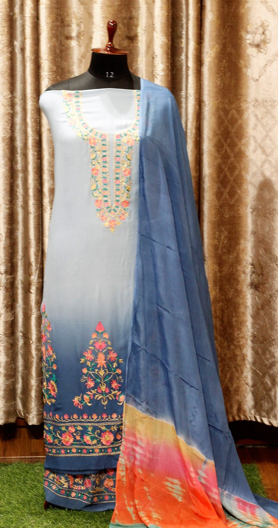 Blue Light and Dark Double Dye Suit With Tie Dye Dupatta-1562