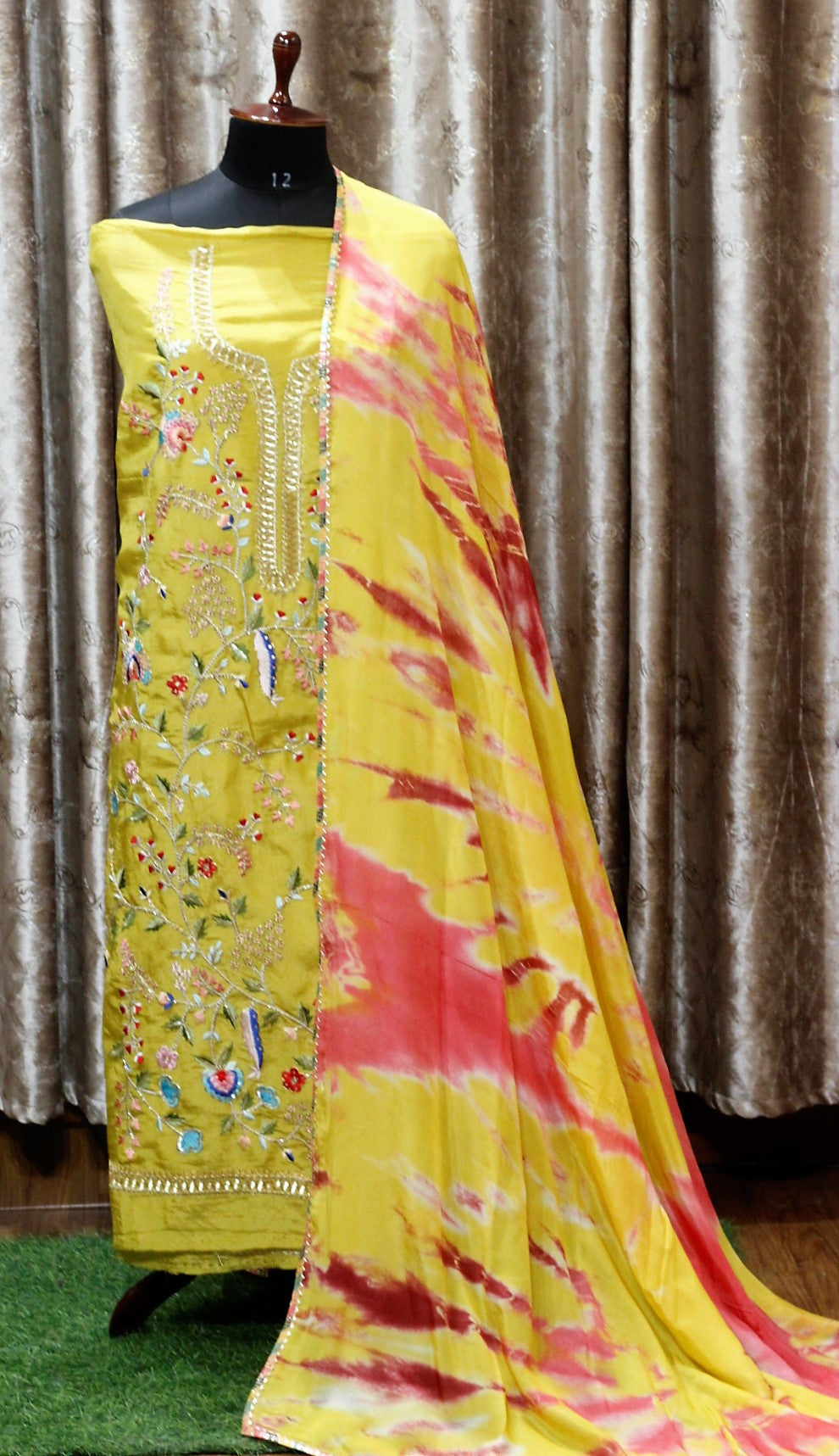 Mustard Full Suit With Chinon Chiffon Tie Dye Dupatta-1573