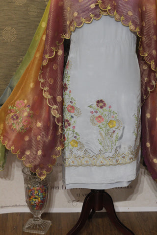 Light Sky Greay Full Suit With Three Four Colour Tie Dye Dupatta-1612