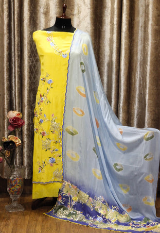 Yellow Full Suit With Blueish Greay Tie Dye Dupatta-1623