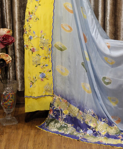 Yellow Full Suit With Blueish Greay Tie Dye Dupatta-1623