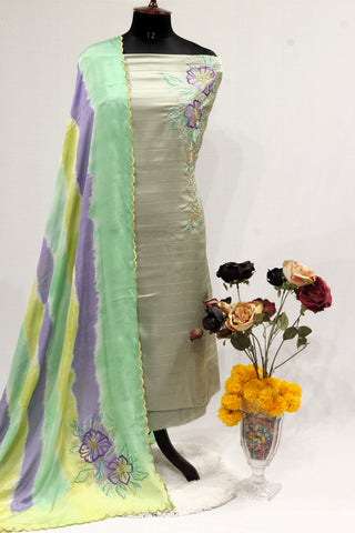 Greenish Gray Full Suit With Tie Dye Dupatta-1628