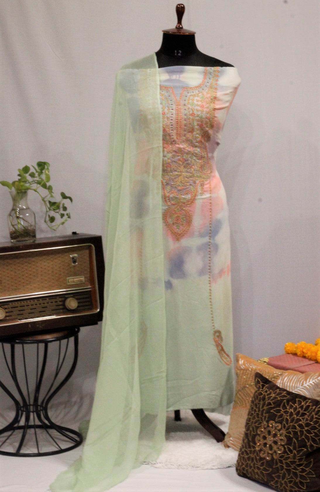 Pista Green Tie Dye Full Suit With Plan Dupatta-1641