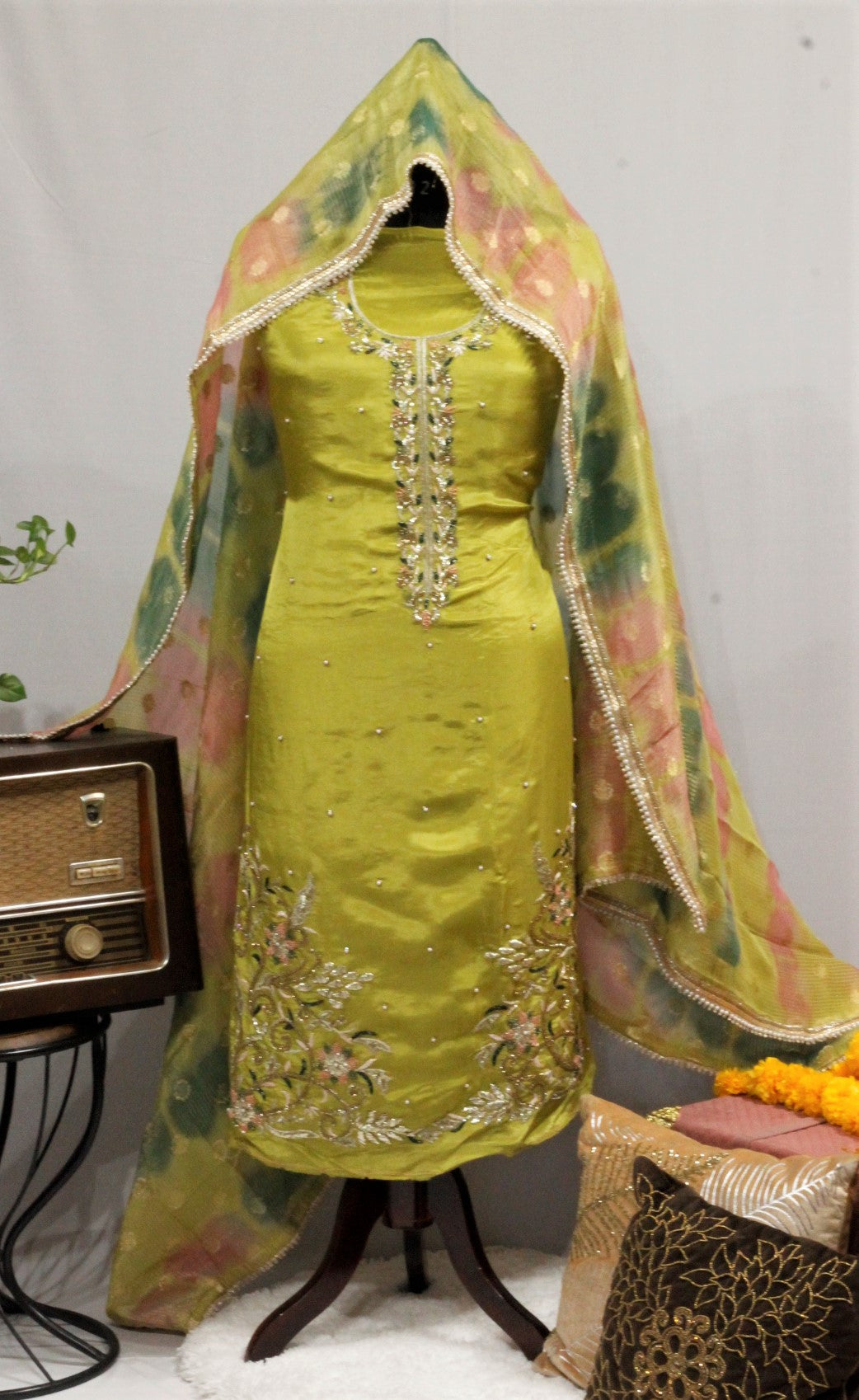 Lemon Green Full Suit With Tie Dye Dupatta-1643