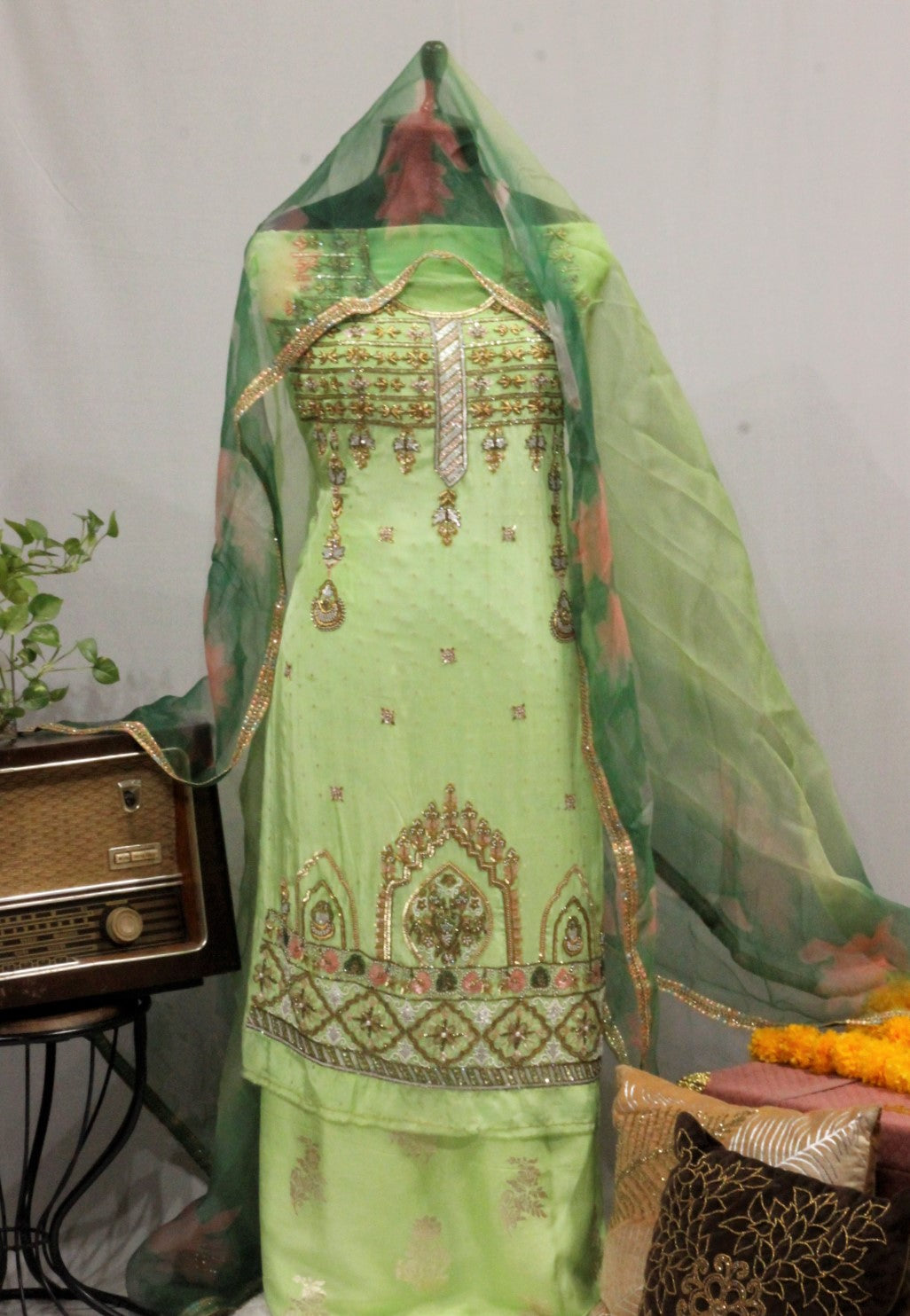 Pista Green Full Suit With Tie Dye Dupatta-1645