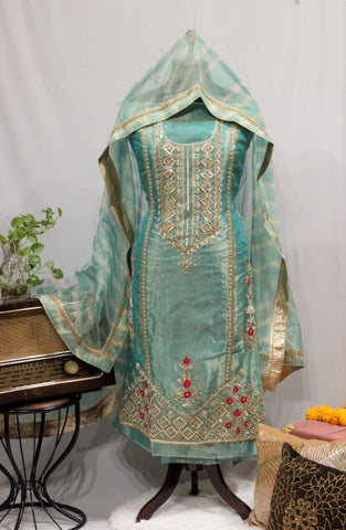 Sea Green Full Suit With Tie Dye Dupatta-1647