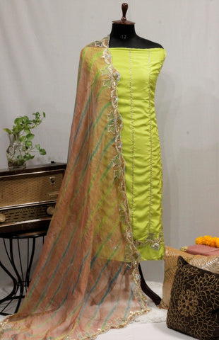 Parrot Green Full Suit With Peach Tie Dye Dupatta-1648