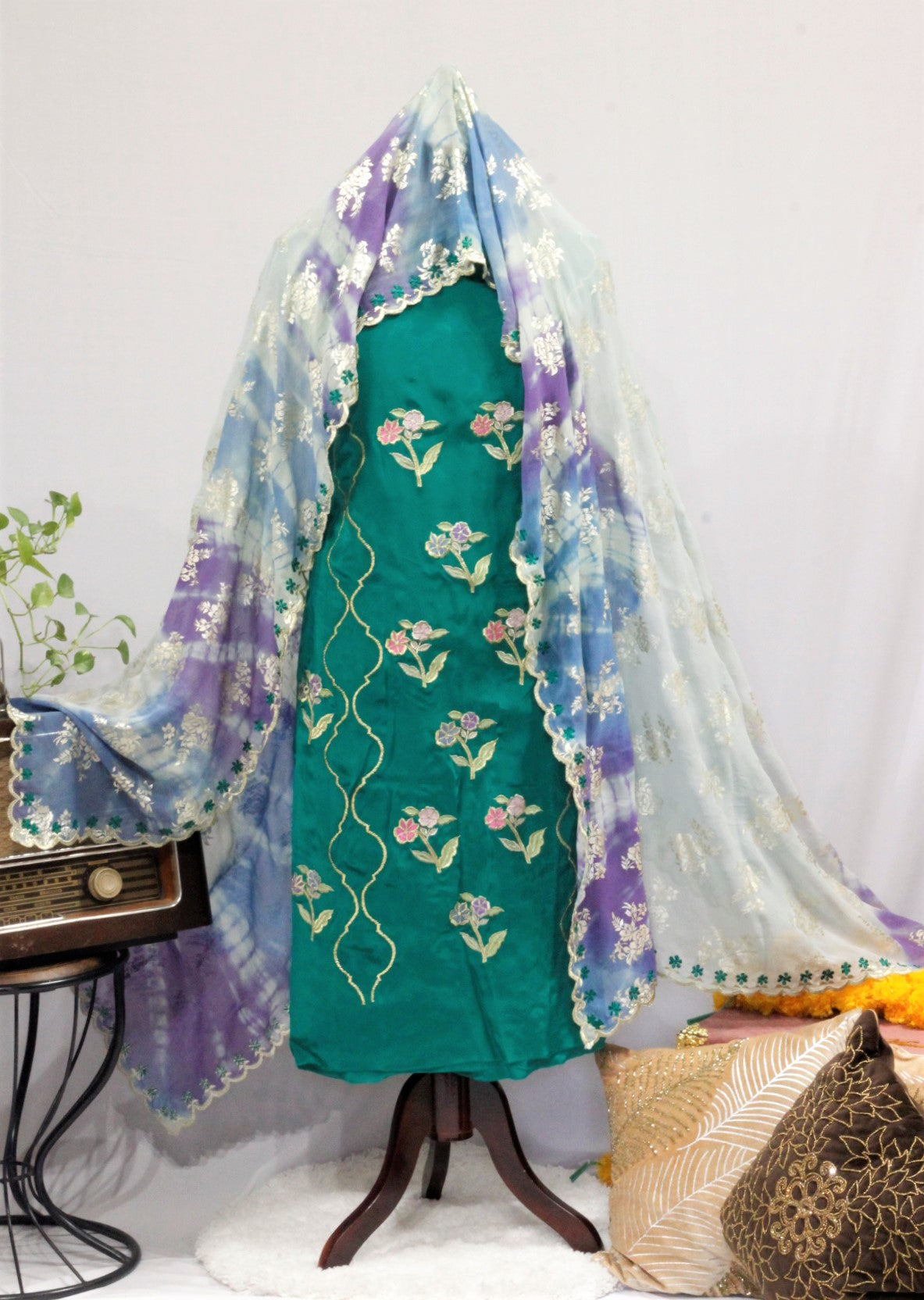 Bottle Green Full Suit With Tie Dye Dupatta-1650