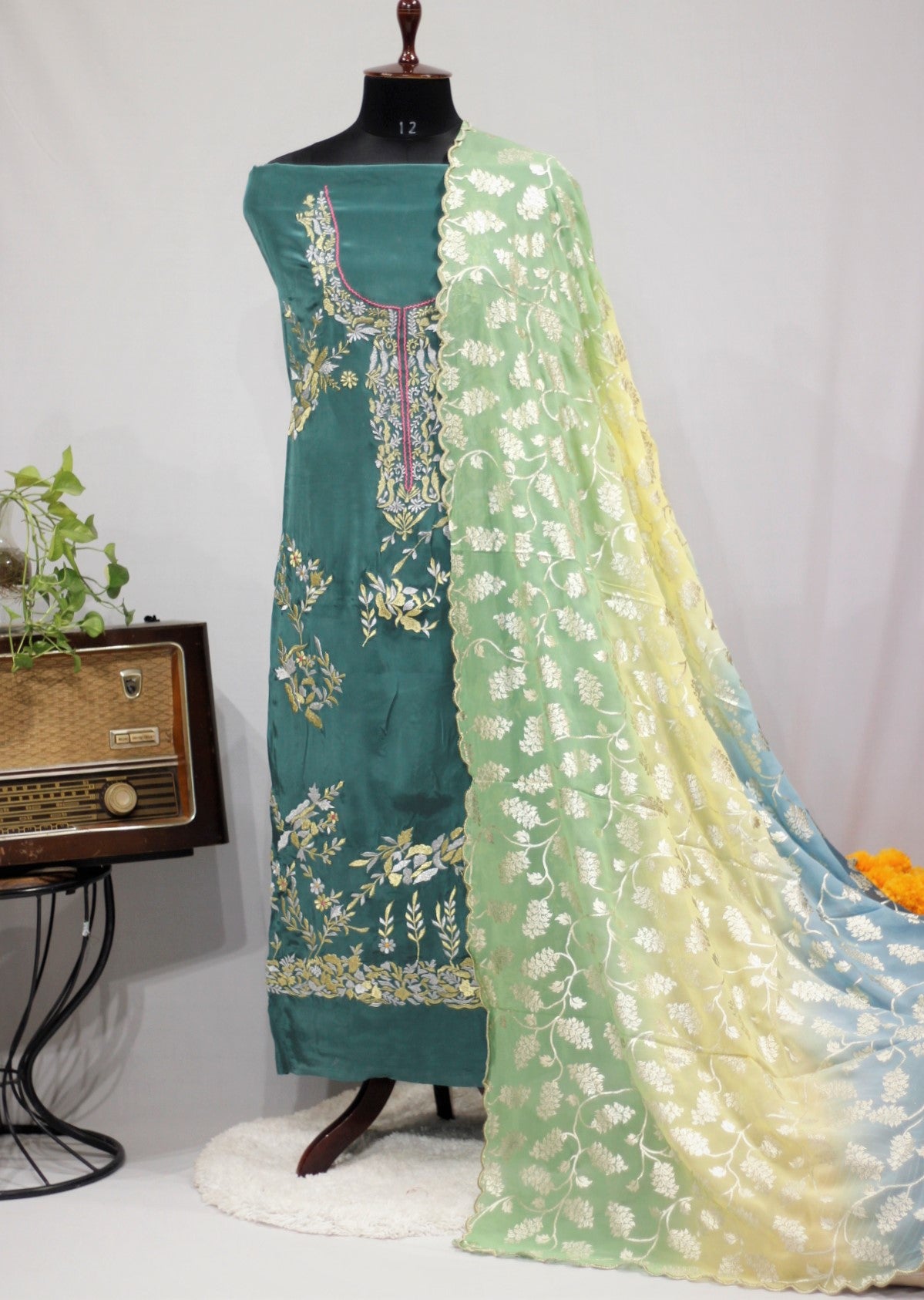 Bottle Green Full Suit With Tie Dye Dupatta-1667