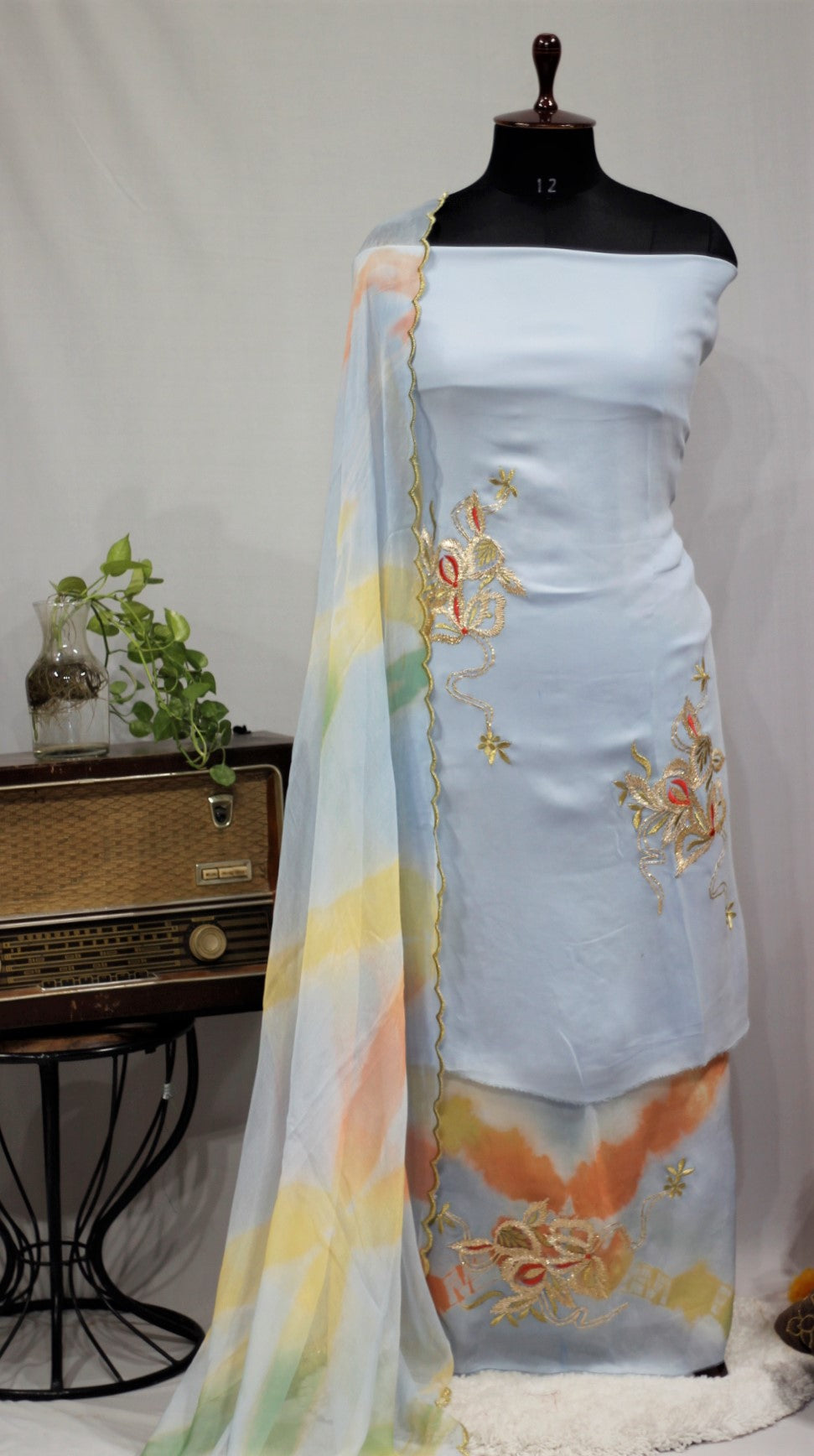 Light Blueish Gray Full Suit With Tie Dye Dupatta-1666