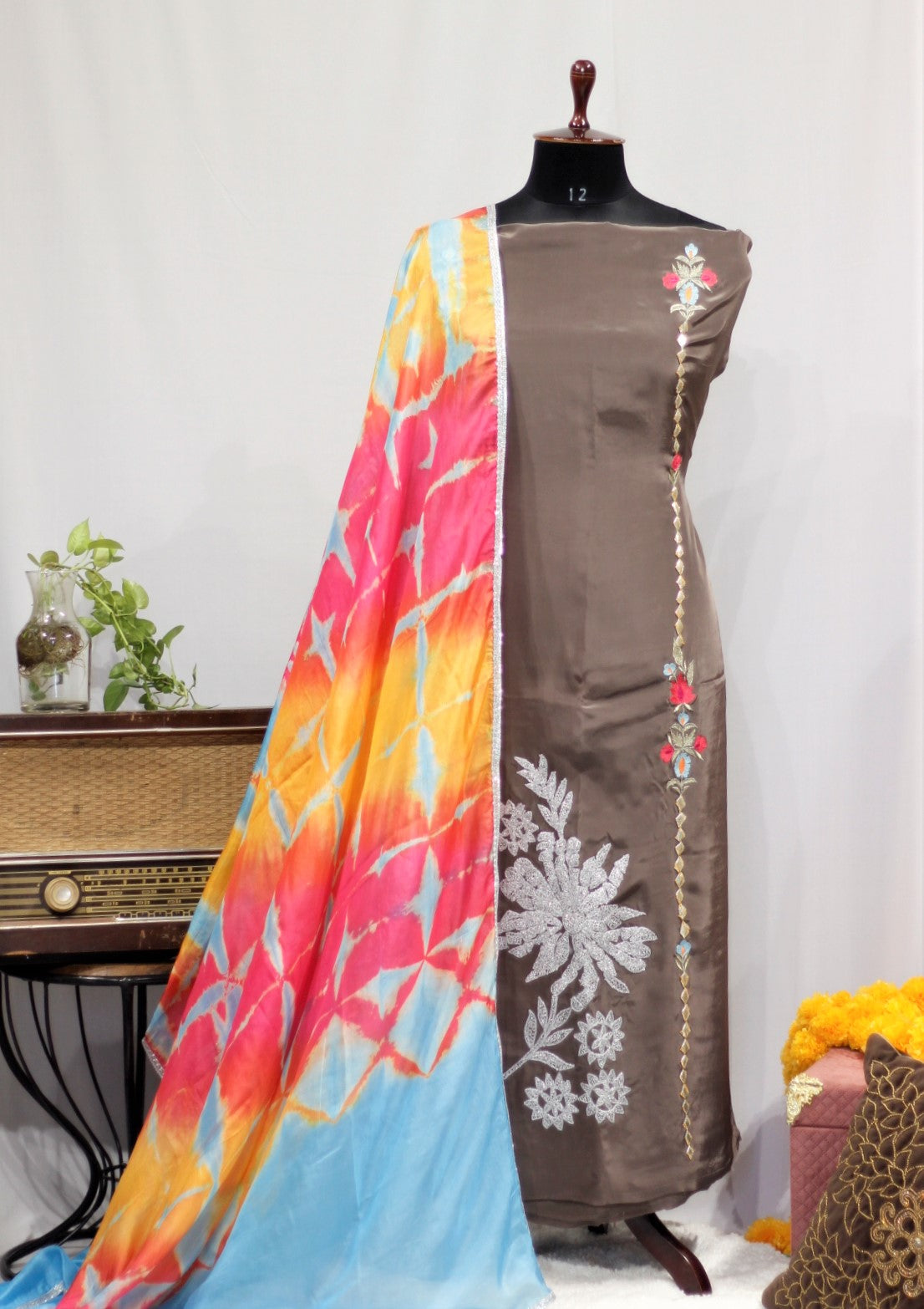 Mouse Colour Full Suit With Tie Dye Dupatta-1660