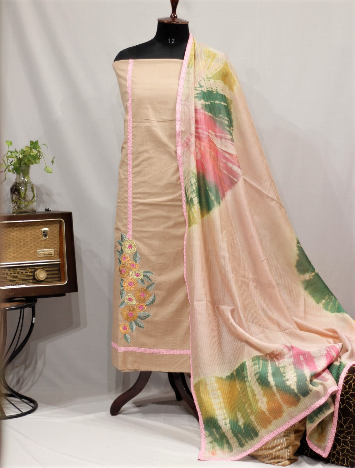 Beige Full Suit With Tie Dye Dupatta-1674