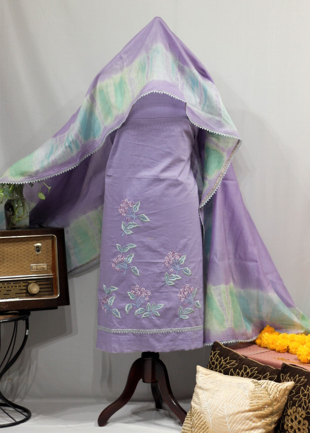 Purple Gray Full Suit With Chanderi Kota Tie Dye Dupatta-1679