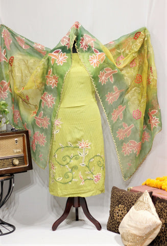 Parrot Green Full Suit With Organza Tie Dye Dupatta-1685