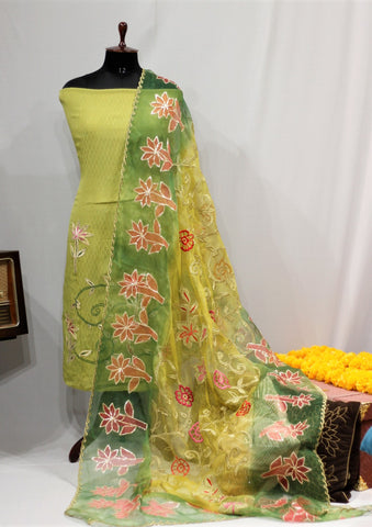 Parrot Green Full Suit With Organza Tie Dye Dupatta-1685