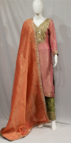 Three Colour Combination Full Suit With Tissue Organza Dupatta-1686