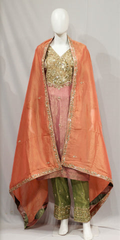 Three Colour Combination Full Suit With Tissue Organza Dupatta-1686