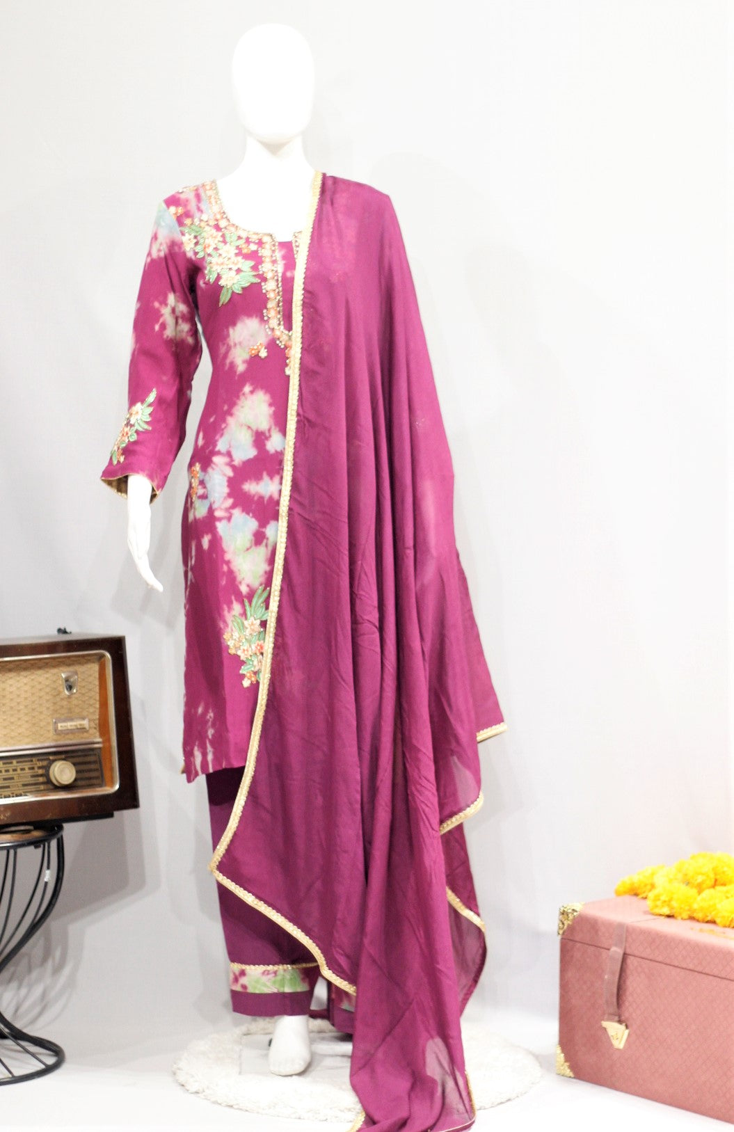 Purple Tie Dye Full Suit With Plan Dupatta-1696