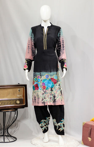 Black Tie Dye Full Suit With Chinon Chiffon Dupatta-1697