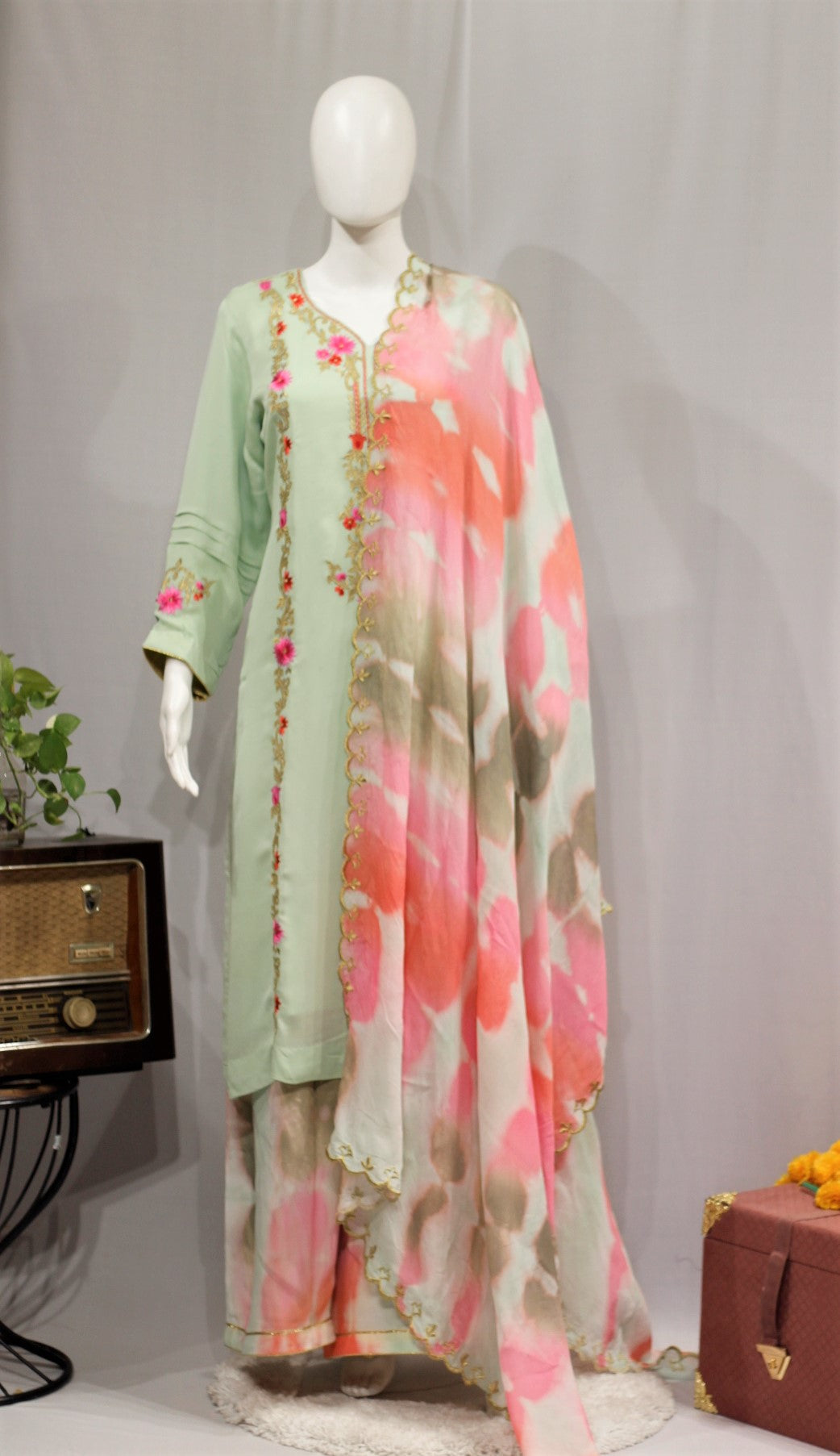 Pista Green Full Suit With Tie Dye Dupatta-1699