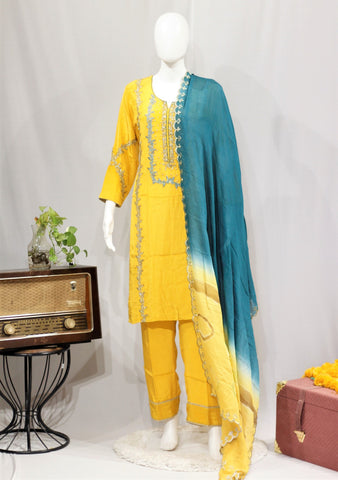 Mustard Yellow Full Suit With Tie Dye Dupatta-1700