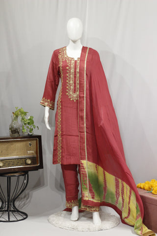 Gajari Colour Full Suit With Tie Dye Dupatta-1701