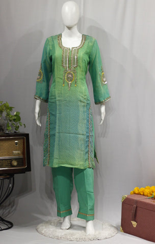 Green Tie Dy Full Suit With Tabbi Silk Tie Dye Dupatta-1702