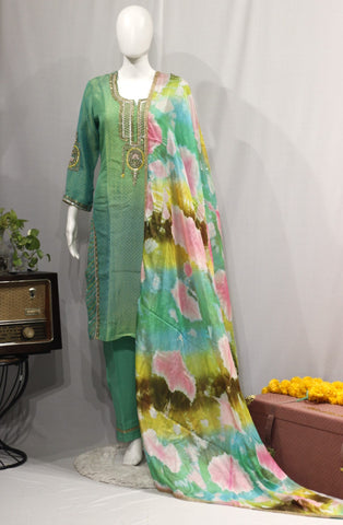 Green Tie Dy Full Suit With Tabbi Silk Tie Dye Dupatta-1702