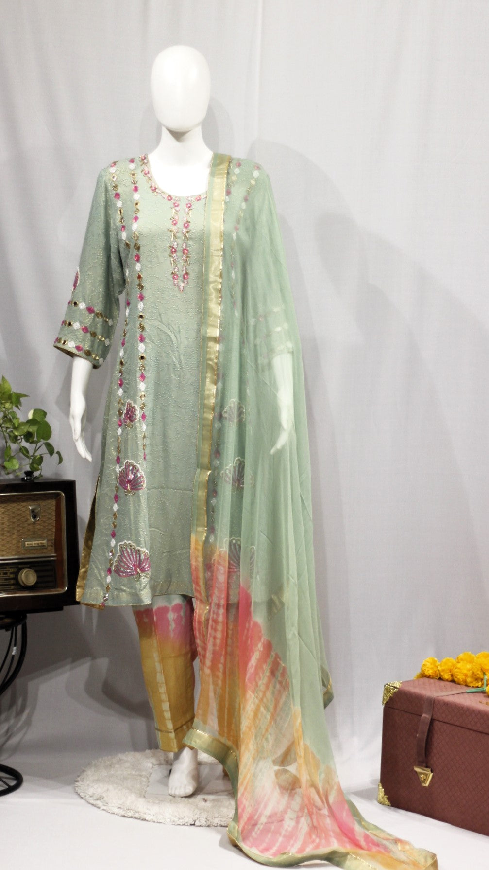 Light Pista Green Full Suit With Tie Dye Dupatta-1704