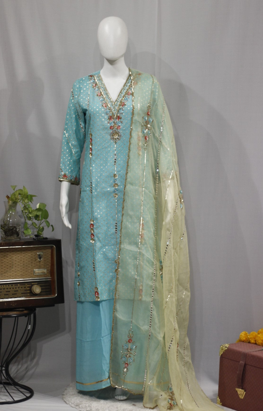 Firoji Full Suit With Lemon Yellow Dupatta-1705