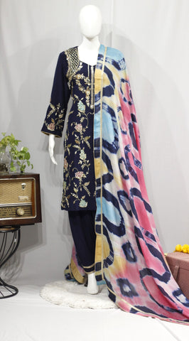 Navy Blue Full Suit With Chinon Chiffon Tie Dye Dupatta-1707