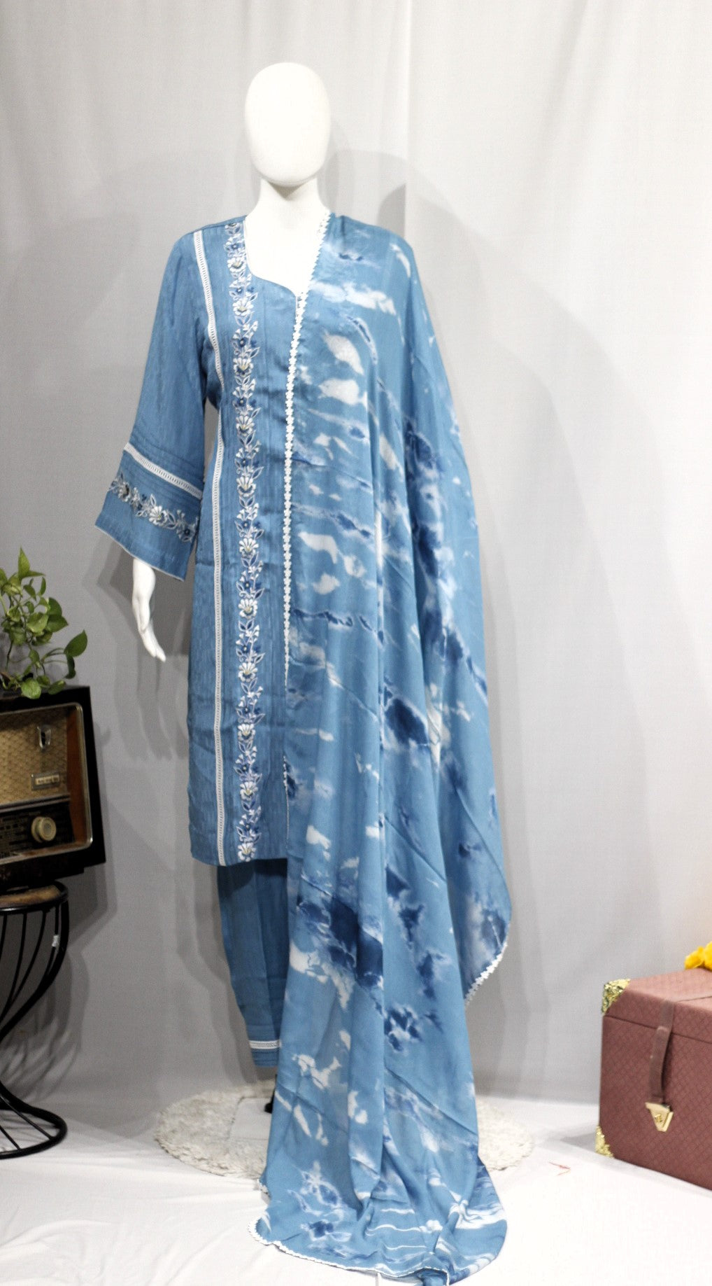 Blueish Gray Full Suit With Tie Dye Dupatta-1708