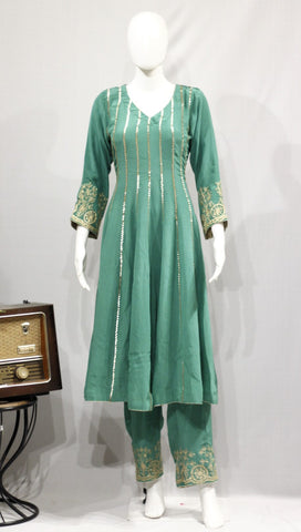 Green Frock Suit With Chinon Chiffon Dupatta-1711