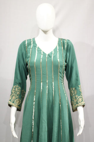 Green Frock Suit With Chinon Chiffon Dupatta-1711