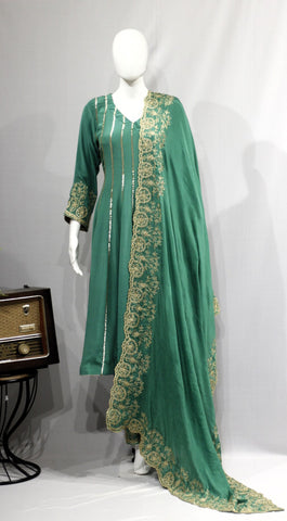 Green Frock Suit With Chinon Chiffon Dupatta-1711