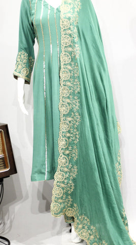 Green Frock Suit With Chinon Chiffon Dupatta-1711