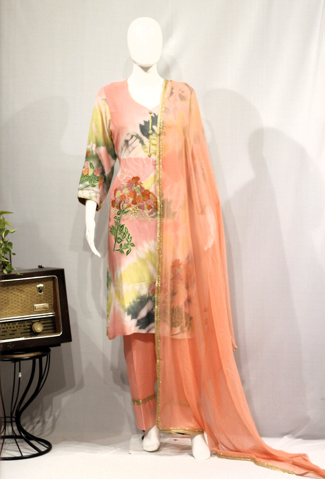 Peach Tie Dye Full Suit With Peach Dupatta-1712