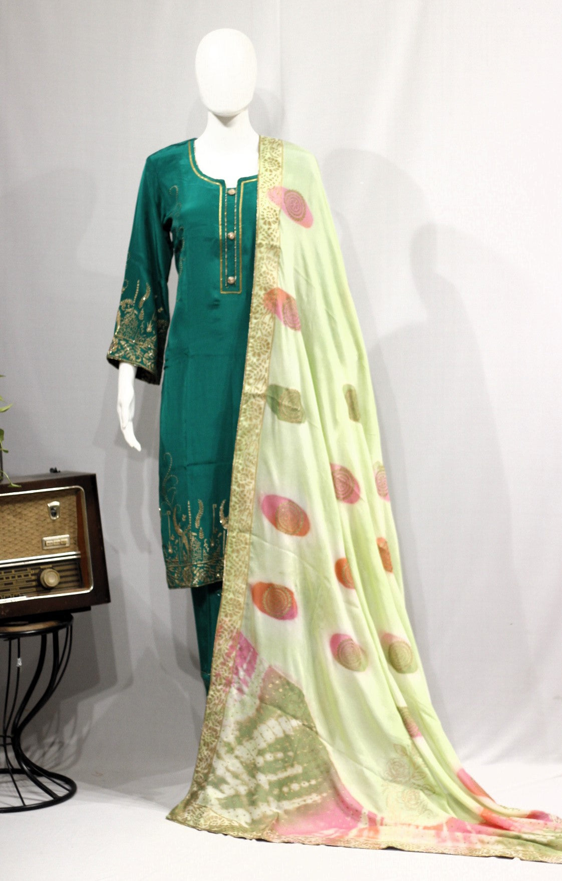 Bottle Green Full Suit With Tie Dye Dupatta-1713