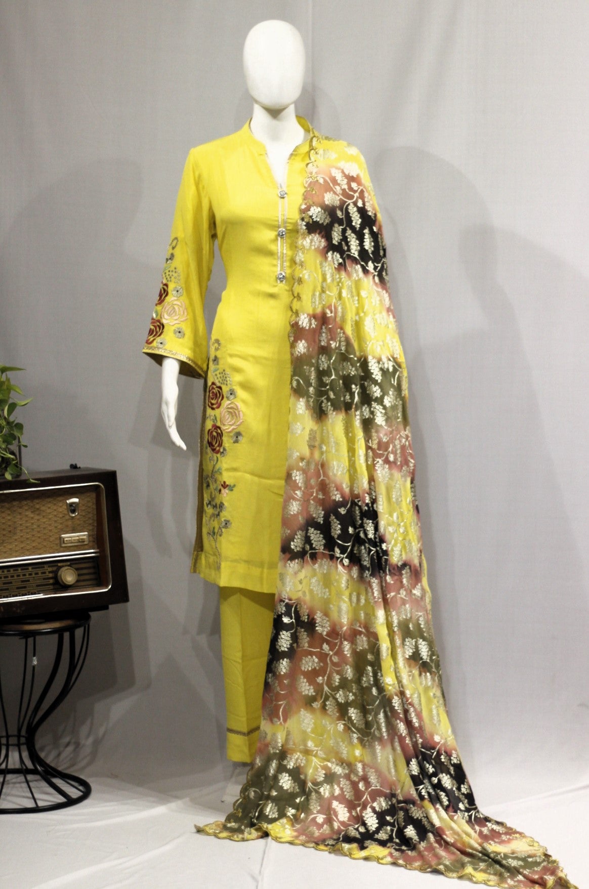 Lemon Yellow Full Suit With Tie Dye Dupatta-1714