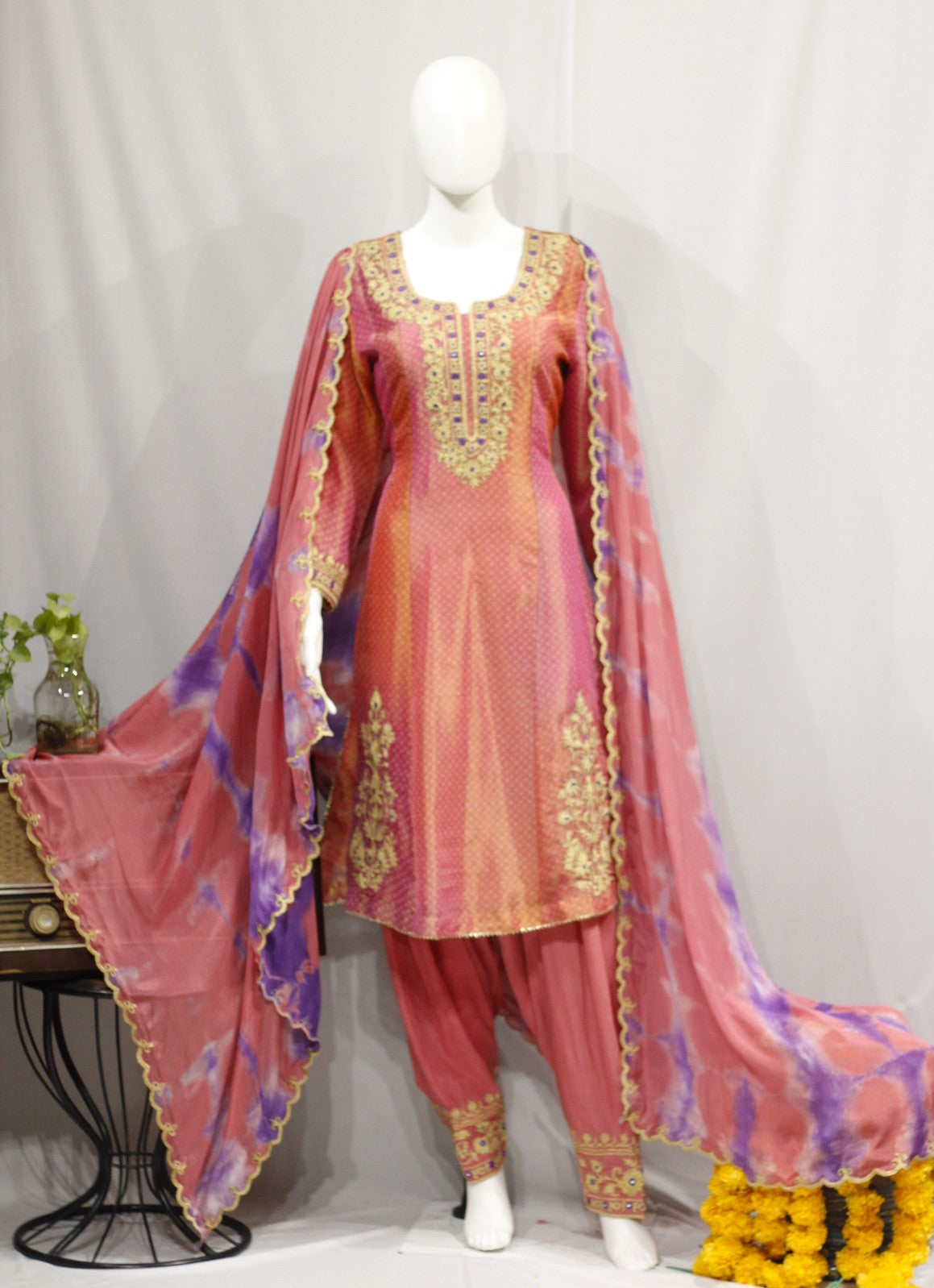 Onion Pink Light Dark Frock Suit With Tie Dye Dupatta-1723