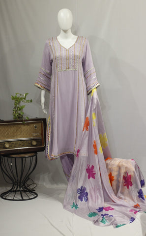 Purplish Gray Full Suit With Tabbi Silk Tie Dye Dupatta-1725