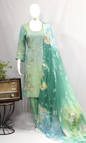 Green Full Suit With Tie Dye Dupatta-1726