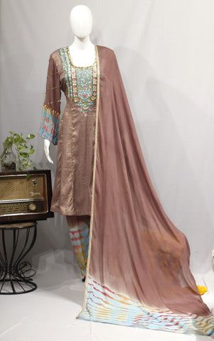 Brown Full Suit With Tie Dye Dupatta-1728