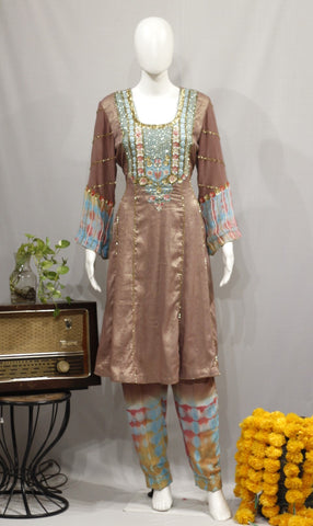 Brown Full Suit With Tie Dye Dupatta-1728