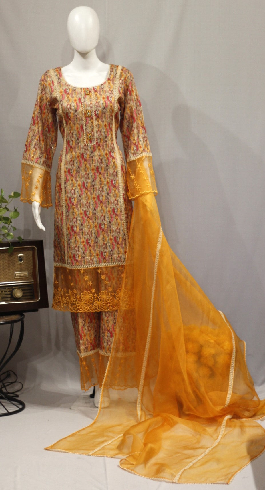 Mango Yellow Full Suit With Organza Dupatta-1729