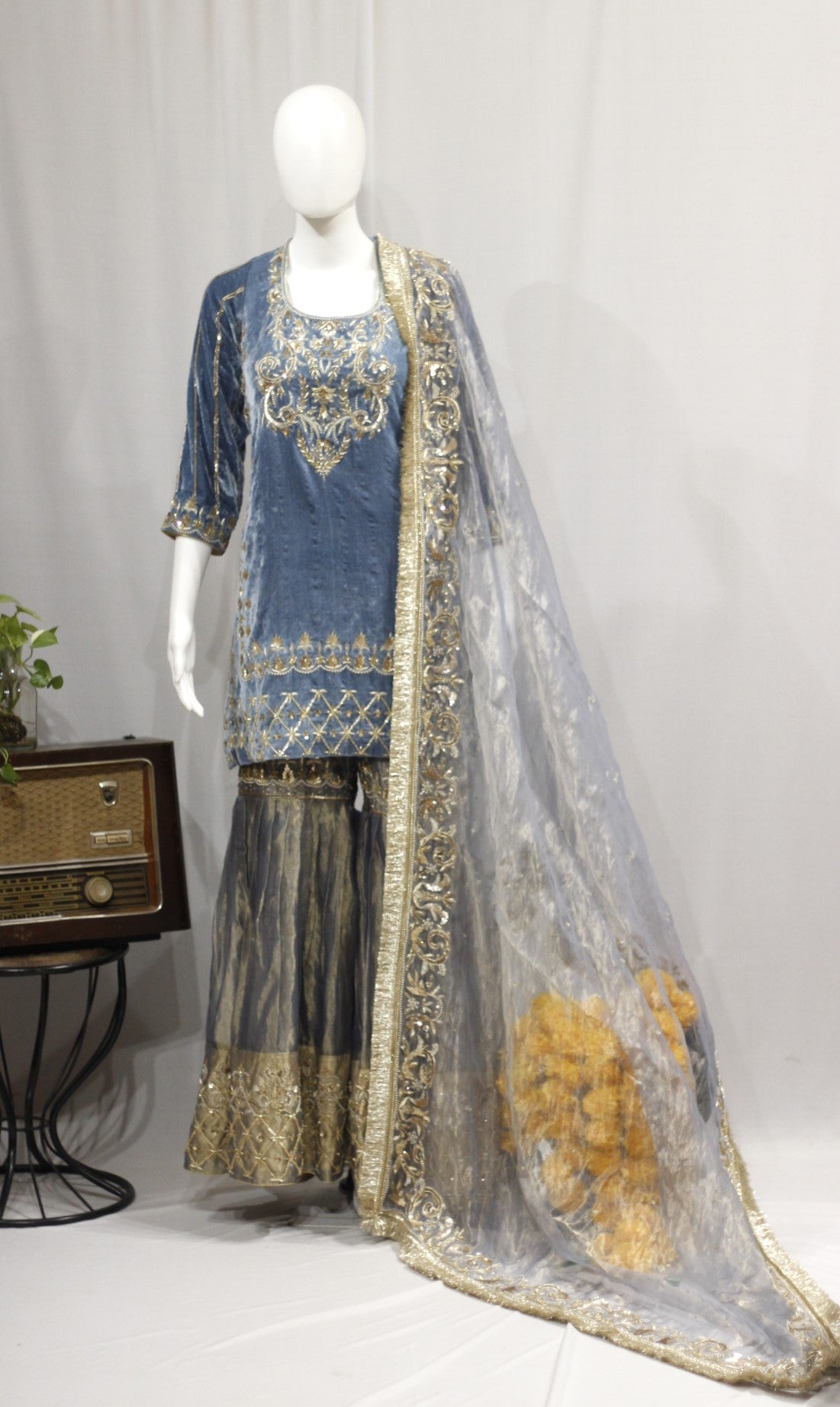 Gray Blue Garara Suit With Tissue Shimmer Dupatta-1730